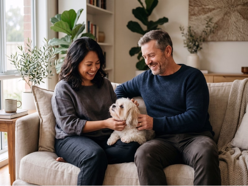 Murray and Jomana, founders of Lap Dog Lifestyle, sitting at home with their Maltese Shih Tzu